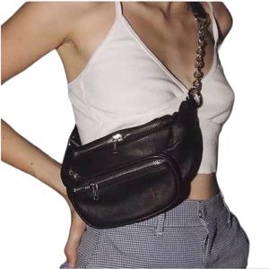 Fanny pack black chain waist crossbody zipper pocket PU leather